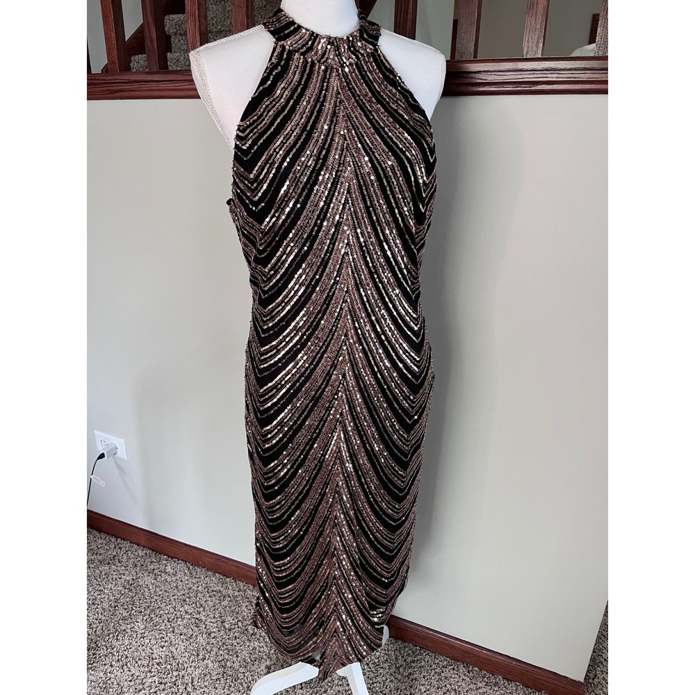 Premier Amour Rose Gold Sequin Chevron Halter Midi Dress Black P1407701 Women 14
